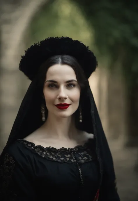 smiling fourteenth century french courtesan beautiful in black clothing.  Pale skin, Black hair, red lips