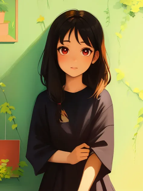 A cute little girl, wearing a frock, background is wall with hanging some plants, anime, painting style image, short hair, cartoon style pic, long hair, red eyes