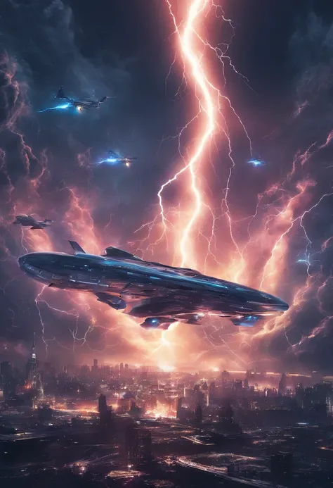 Surrounded by lightning,  super detailed, Realistic, shiny, Reflective,  movie, Dark background, Backlight, High contrast, Advanced metropolis、cosmic space、Planes、Airplane only、Blue