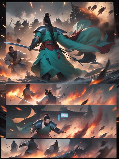 [illustratio，Story split-shots]comic page，There are multiple screens on one page: Chinese male warriors of the Qin Dynasty, A cold face，Symmetrical body, Broken robes，Armed with a bloody blue-edged sword，standing in the wind（Side half close-up）。The battle ...