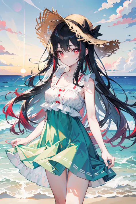 Anime girl, long pure black hair, crimson red eyes, wearing a straw hat, wearing a pastel light green dress with white color and blue color patterns, standing at a beach with a sunset, good anatomy, high resolution, 8k