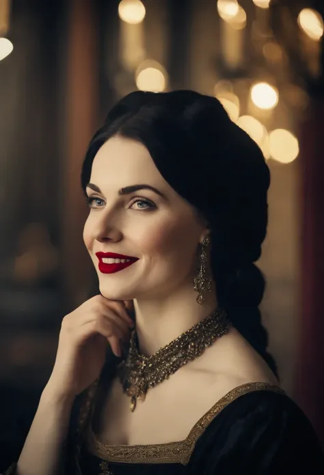 smiling fourteenth century french courtesan beautiful in black clothing.  Pale skin, Black hair, red lips