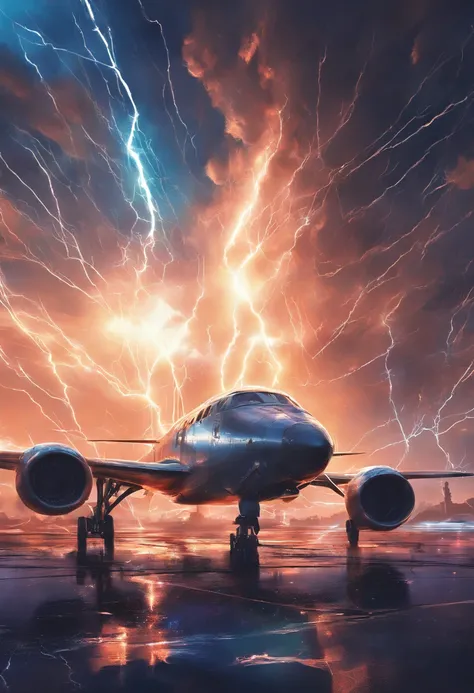 Surrounded by lightning,  super detailed, Realistic, shiny, Reflective, cosmic space、Planes、Airplane only、Blue、One machine