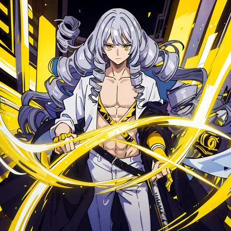 Masterpiece, Fine detail, 4k, 8k, 12k, Solo, 1 person, Beautiful boy, Curly hair, Vertical roll hair, Drill hair, Long hair, Silver hair, Yellow eyes