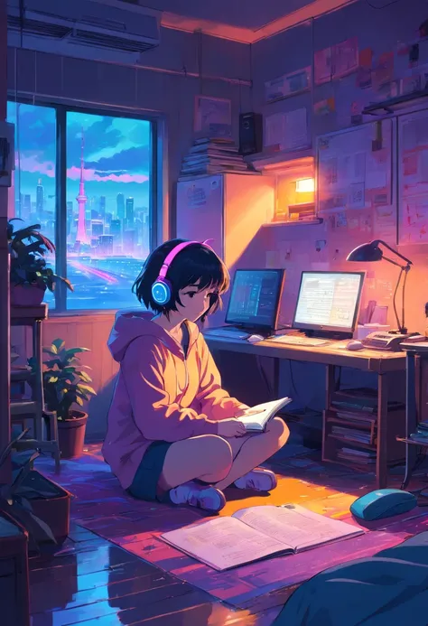 (zero), Girl studying in her room, reading a book, Wear headphones, , night lights, Neon landscape on a rainy day,Analog Color Theme, Lo-Fi Hip Hop , retrospective, flat, 2.5D ,Draw a line, Ink Drawing, Large slope, Watercolor painting, Goosch Colors, Stud...