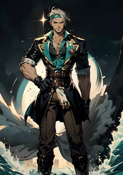 A man with short gray hair, Wearing a brown headband, deep-set eyes, a determined expression, a smiling face, he is dressed in a two-piece fantasy pirate-style leather outfit, flowing lower hem, short sleeves, gloves, a belt around his waist, coarse fabric...