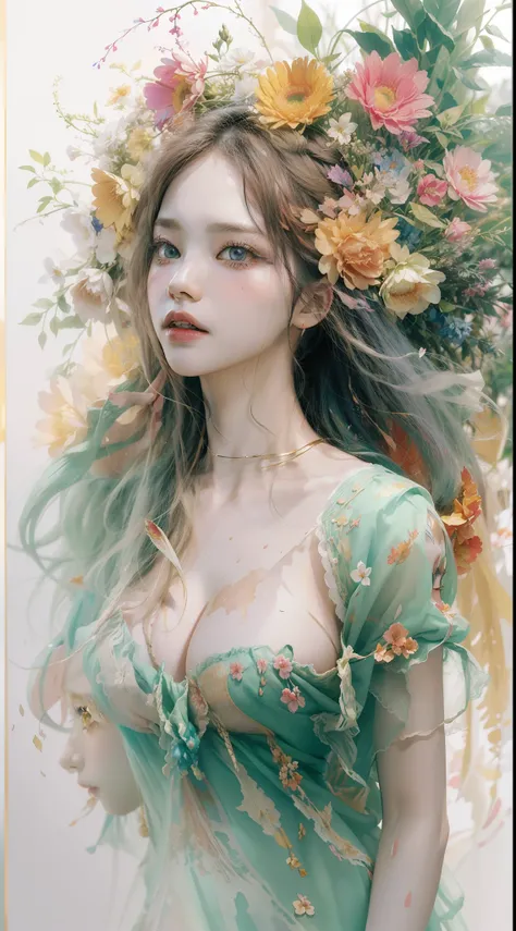 high quality, 8K Ultra HD, high detailed, Watercolor, wash technique, colorful, A painting with dripping and scattered paint, Painting like Agnes Cecile, blurry, pale touch, smudged outline, like a fairy tale, Beautiful woman made with flower colorage,  hu...