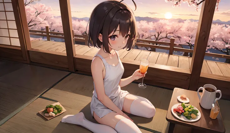 girl holding a drink having dinner, vista of cherry blossom trees at sunset