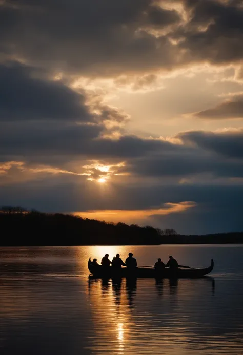 7 people in a rowing boat, photorealustic