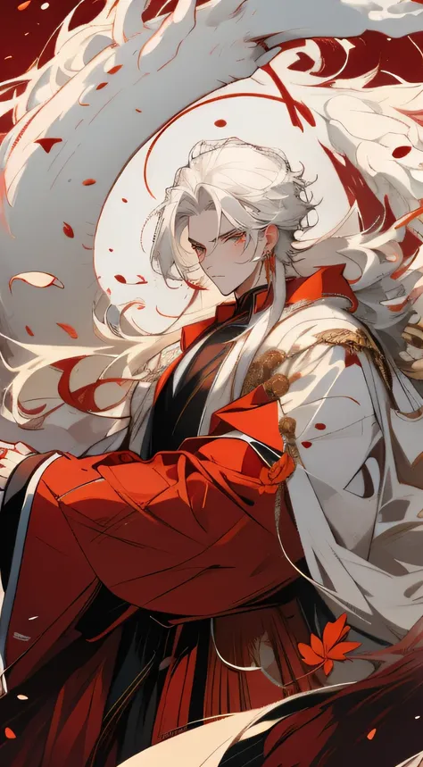 A young man stretched out his hands in midair，Frontal view full body view。Golden eyes with white eyelashes，with a calm expression，Long white hair with red lines，White robe，Background sky，toplight，with petals falling