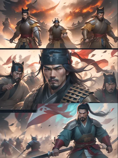 [illustratio，Story split-shots]comic page，There are multiple screens on one page: Chinese male warriors of the Qin Dynasty, A cold face，Symmetrical body, Bloody battle robes，Armed with a blue-edged sword，standing in the wind（Side half close-up）。The battle ...