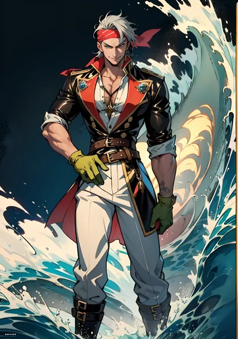 A man with short gray hair, Wearing a brown headband, deep-set eyes, a determined expression, a smiling face, he is dressed in a two-piece fantasy pirate-style leather outfit, flowing lower hem, short sleeves, gloves, a belt around his waist, coarse fabric...