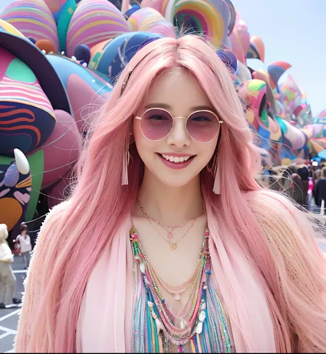 (extra detailed body、extra detailed face、best qualtiy:1.2)、femele、looking at the viewers、(29 years old、a smile、Pink sunglasses、A pink-haired、Clothes with lots of colorful drapes、piercings、a necklace、Hair ornament larger than the head)、(Pink psychedelic arc...