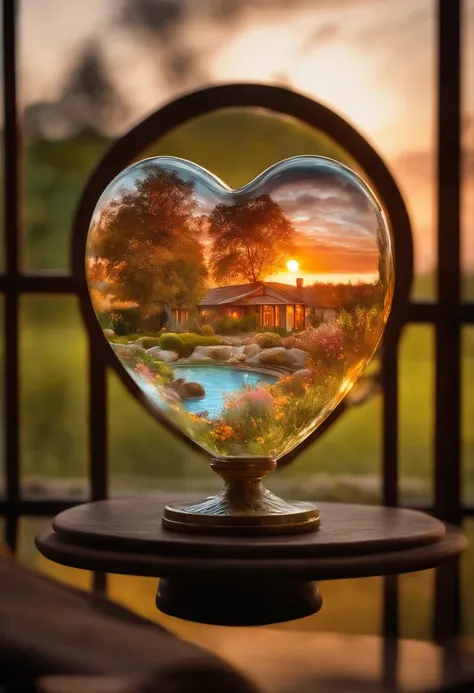 Double exposure glass hearts, Immerse yourself in a gentle and romantic atmosphere. Use the double exposure technique to create a vivid image, dynamic. Inside the glass heart, Visualize a beautiful summer landscape with a picturesque summer bungalow in fro...