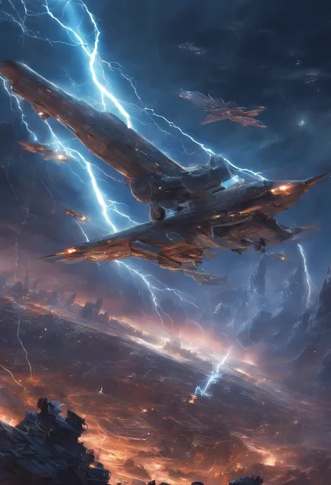 Surrounded by lightning,  super detailed, Realistic, shiny, Reflective, cosmic space、Planes、Airplane only、Blue、1 machine、mechs、flight、Fighters