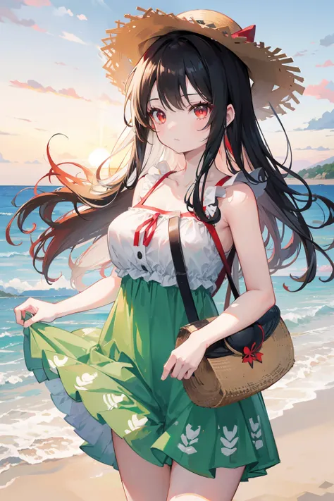 anime girl, long black hair, crimson red eyes, wearing a straw hat, dressed in a pastel green dress with white patterns, good anatomy, standing at the beach with a beautiful sunset, 8k, high resolution