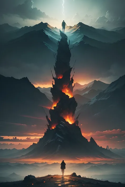 Create a landscape painting within a hellish world where a single glimmer of hope shines through. Picture a dystopian and infernal landscape with fiery pits, ominous mountains, and desolation all around. Amidst this chaos, depict a scene of profound hope—a...