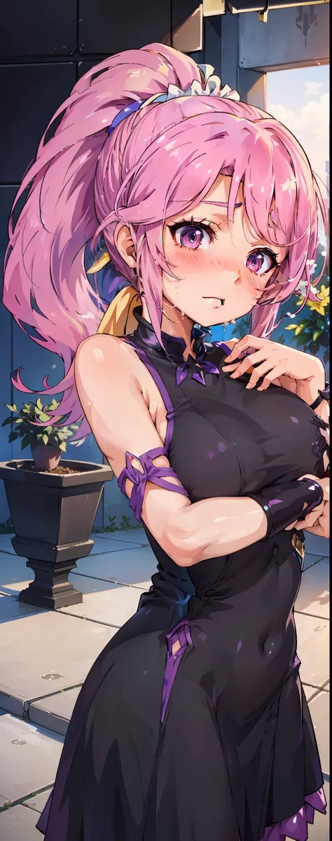 Jibril, (standing), blushed, perfect anatomy, detailed eyes, detailed lips, extremely detailed eyes and face, vivid colors, sharp focus, masterpiece:1.2, ultra-detailed, blushed, ((doggystyle)), (solo), sleeveless, ((((ponytail)))), ((elegant dress)), cum ...