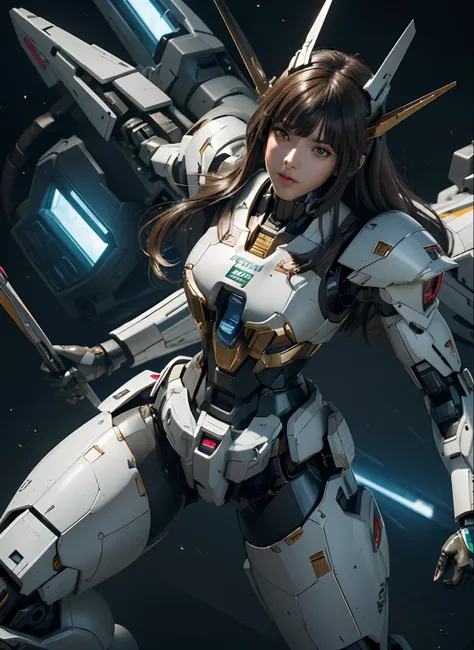 Textured skin, Super Detail, high details, High quality, Best Quality, hight resolution, 1080p, hard disk, Beautiful,(Gundam),beautiful cyborg woman,Mecha Cyborg Girl,Battle Mode,Girl with a Mecha Body,She wears a futuristic Gundam mecha,Fulll body Shot