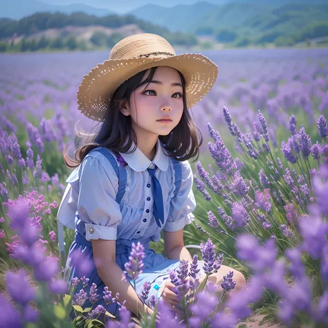 A 12-year-old girl sits in a lavender field, blue-sky, baiyun, Far Mountain.