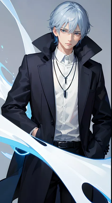 hightquality、Transcendent Beauty Young Man、Cool handsome man、(shiny blue hair)、、(straight short hair)、Light blue eyes、Kuroko under the right eye、((Black coat and silver necklace))、Zito-order、Straight face、glamor