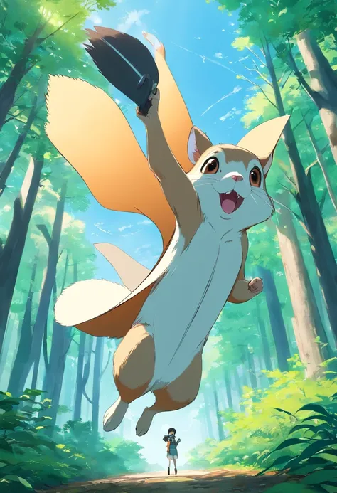 flying squirrel、mascle、Coat color is black and white、Living in the forest、Fly from tree to tree、cute little、eyes large、