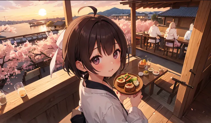 girl having dinner, vista of cherry blossom trees at sunset