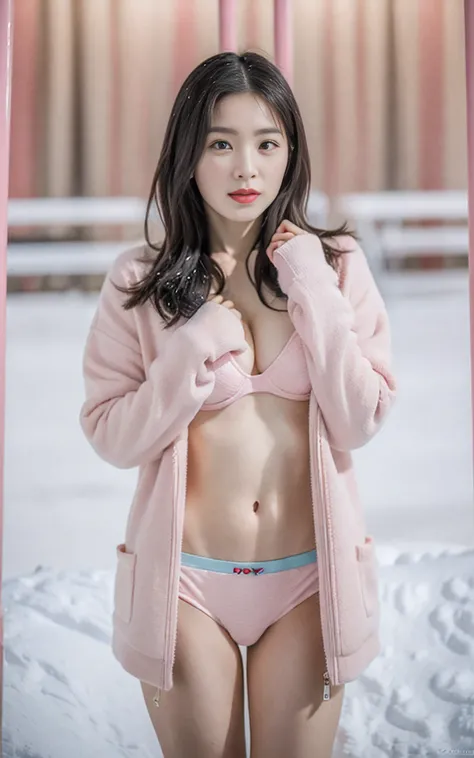 Highly detailed CG Unity 8K wallpaper, With the highest quality, (UHD:1.2,32k), (face detailed:1.2), super detailed, Master Piece, Realistic, photograph realistic, extremely detailed cute Korean girl, 25 years old, (sexy winter outfits:1.2), (pink bar and ...