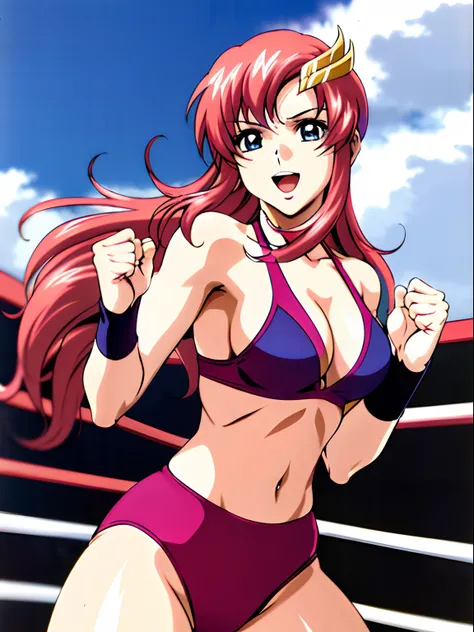 (masterpiece, upper body view, 4K, Best Quality, Anime style: 1.9,, Adult Woman, ultra detailed face, (cloud background, wrestling), Drawing lines, high resolution, Anime, lacus4), 1girl, Solo, curvy figure, Long hair, 鎖骨, scapular, (Detailed wide hair ban...