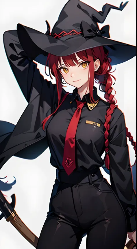 makima(chainsaw man), SADISTIC SMIRK, a short cloak with galaxy and star pattern over shoulders, black witch hat, long sleeves, red hair, necktie, large breasts, solo, looking at viewer, thick thighs, pants, black pants, yellow eyes, 1girl, white shirt, br...