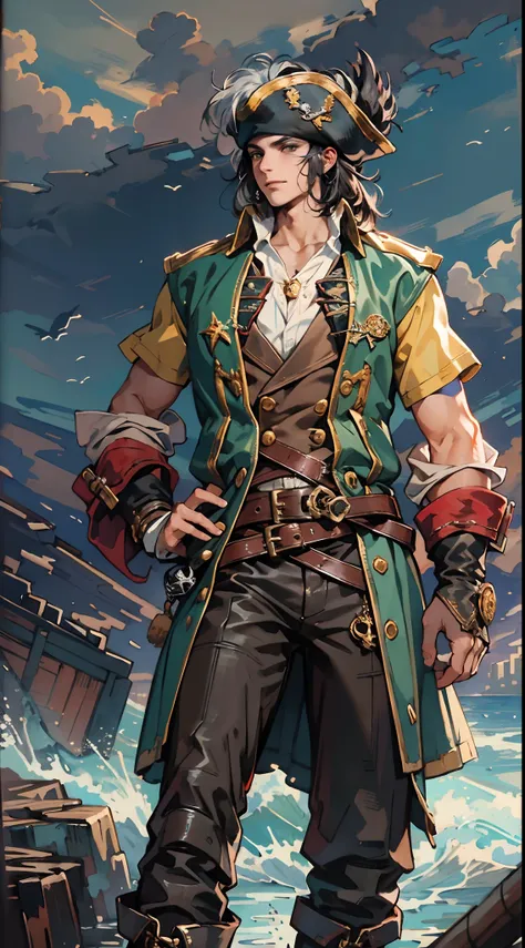 A man with short gray hair, Wearing a brown headband, deep-set eyes, a determined expression, a smiling face, he is dressed in a two-piece fantasy pirate-style leather outfit, flowing lower hem, short sleeves, gloves, a belt around his waist, coarse fabric...