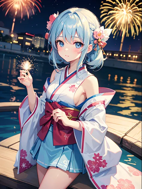 1girl in,Light blue Medium Hair,Tying hair,Light blue eyes,Cute,blush,medium breasts⁩, kimono skirt, Fireworks Festival, river side, Best Quality++,Highest Quality++, Line,