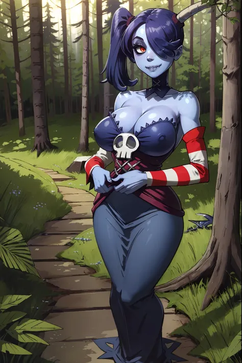 ((masterpiece, high quality, best quality:1.3)), squigly, 1girl, solo, cleavage, bare shoulders, detached sleeves, hair over one eye, red eyes, side ponytail, detached collar, skull, ((blue skin, stitches, zombie:1.3)), striped sleeves, stitched mouth, ext...