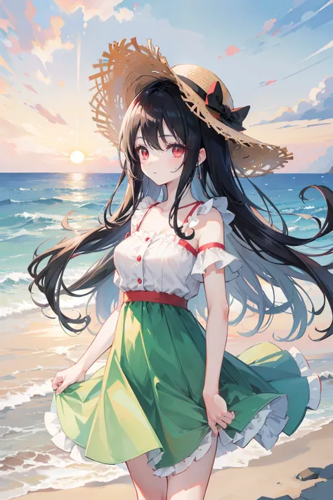 anime girl, long black hair, crimson red eyes, wearing a straw hat, dressed in a pastel green dress with white patterns, good anatomy, good hands, standing at the beach with a beautiful sunset, 8k, high resolution