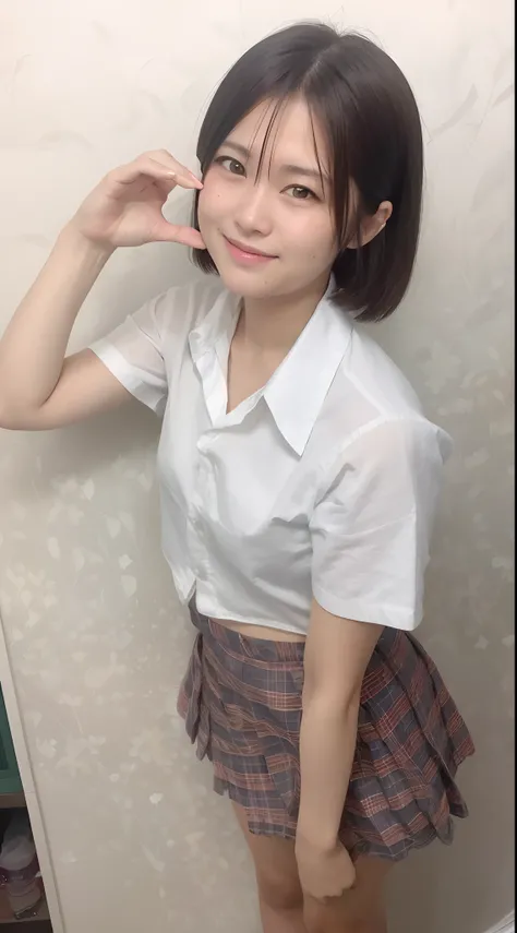 A woman in a white shirt and plaid skirt is taking pictures, sakimichan, chiho, 2263539546], With short hair, Seifuku, sakimichan, wearing in shirt, 奈良美智, reluvy5213, Wearing school uniform