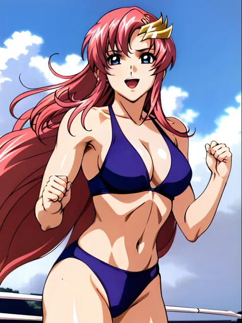 (masterpiece, upper body view, 4K, Best Quality, Anime style: 1.9,, Adult Woman, ultra detailed face, (cloud background, wrestling), Drawing lines, high resolution, Anime, lacus4), 1girl, Solo, curvy figure, Long hair, 鎖骨, scapular, (Detailed wide hair ban...