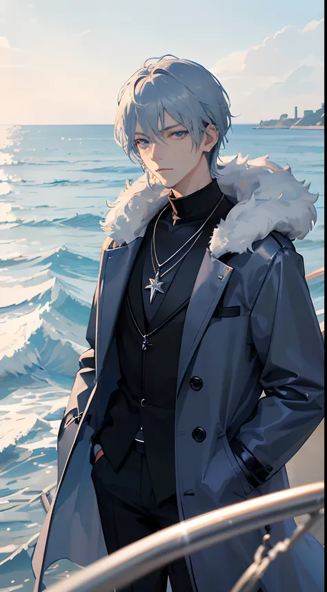 hightquality、Transcendent Beauty Young Man、Cool handsome man、(shiny blue hair)、、(Straight short hair)、Light blue eyes、Kuroko under the right eye、((Black coat and silver necklace))、Zito-order、Straight face、glamor、sea side