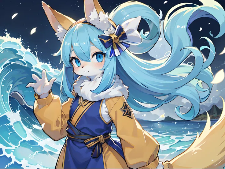 ((wave)), fluffy. yellow  fox, marking under the eyes, crystal antler ,blue eyes, blue hair, wearing bandanna, floating petals, Ambient light，Ultra-fine fur，volumettic light，natural  lightting，nevando，35mm。High quality, high detal, Best quality, hyper HD，i...