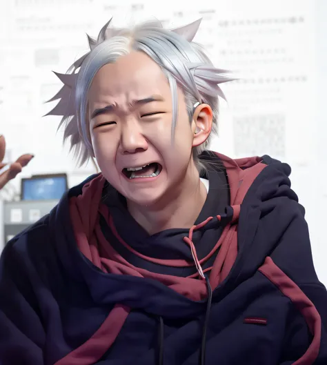 white haired subaru natsuki from re zero, realistic, frustrated, black magician hoodie, laugh at life, bored eye