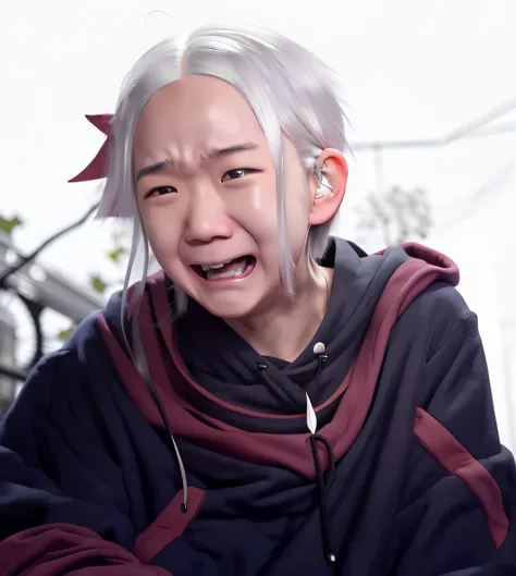 white haired subaru natsuki from re zero, realistic, frustrated, black magician hoodie, laugh at life, bored eye