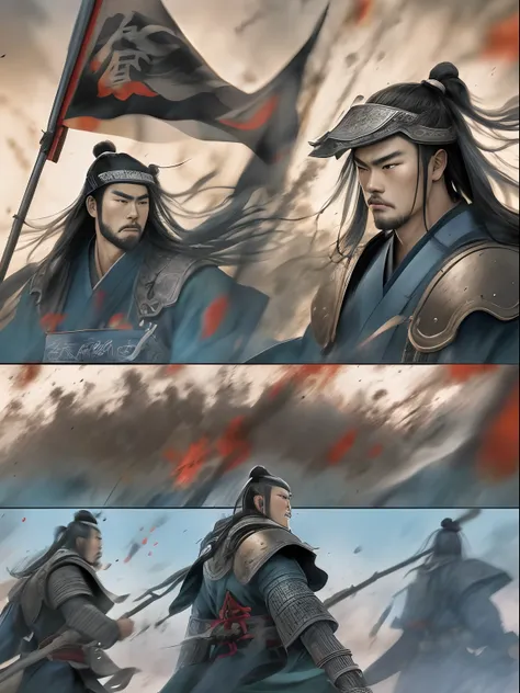 [illustratio，Story split-shots]comic page，There are multiple screens on one page: Chinese male warriors of the Qin Dynasty, A cold face，Symmetrical body, Broken robes，Armed with a bloody blue-edged sword，standing in the wind（Side half close-up）。The battle ...