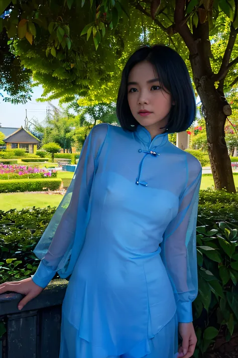 ((an innocent vietnamese girl, transparent aodai show naked body with pubic hair, seductive and sweat)), ((Masterpiece,realistic hair, layered haircut style, black-blue light: 1.3)), ((perfect body, perfect face, perfect eyes, absurd)), ((realistic, award-...