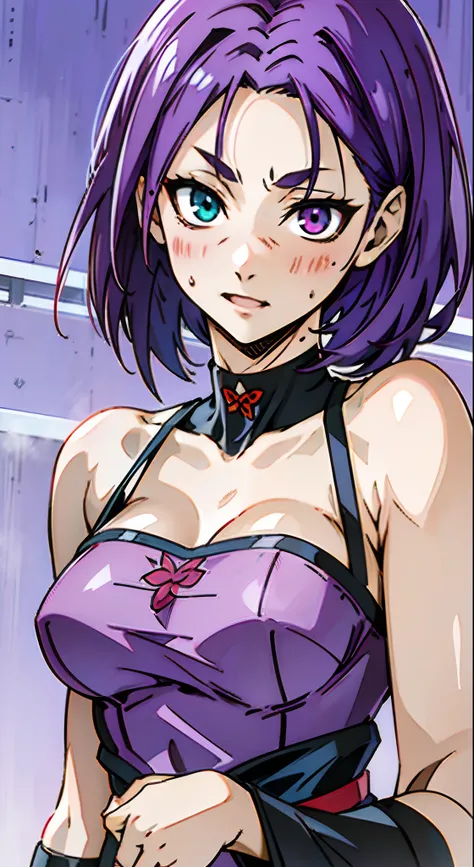 masutepiece, Best Quality, Ultra-detailed, Colorful,Up-close, Hyper-detailing，Purple hair, Semi-long hair, Reo Mikage, Blue Lock, no sleeves, Camisole and cheongsam, Cheongsam for lower body, chinese clothes, Chest exposure, Metamorphosis is exposed, Choke...