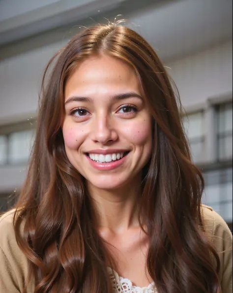 arafed girl with long brown hair and a smile on her face, yearbook photo, portrait sophie mudd, realistic portrait photo, detailed portrait, high quality portrait, kailee mandel, emily rajtkowski, detailed color portrait, headshot photo, medium close up po...