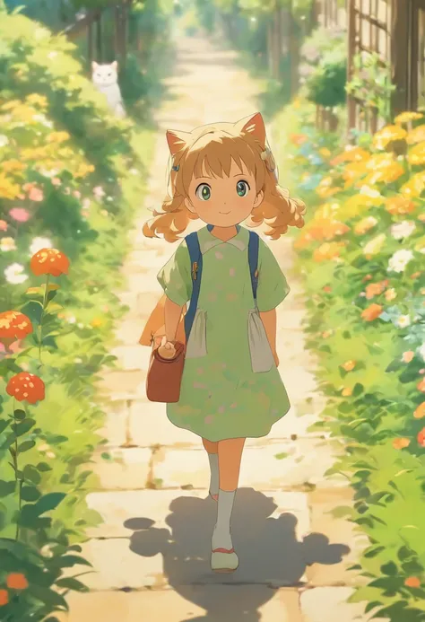 5-year-old girl walking on the garden path, A round-eyed cat followed.