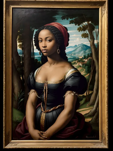 (Renaissance oil painting of a beautiful black woman:1.3), best quality, masterpiece, expressive, thrilling, 256k, epic, crepuscular lights, (by Michelangelo, by Rafael, by Rubens:1.2), chiaroscuro, best quality, masterpiece, (best hands), excellent, outst...