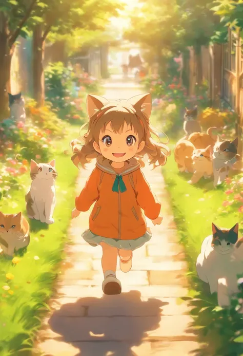 5-year-old girl facing the camera,ssmile, Walk on the garden path, A round-eyed cat followed.