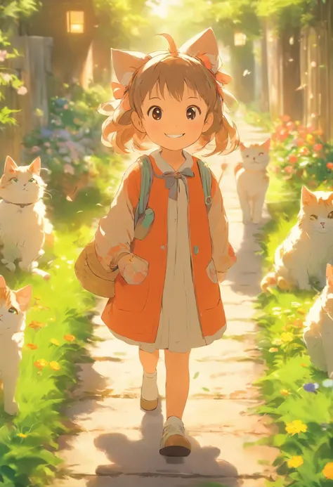 5-year-old girl facing the camera,ssmile, Walk on the garden path, A round-eyed cat followed.