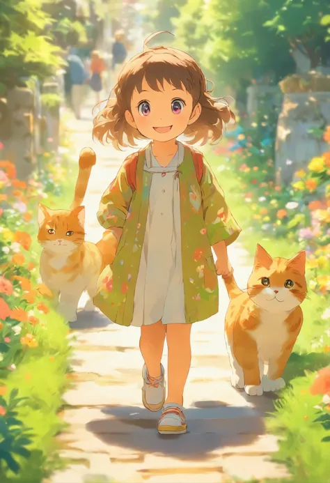 5-year-old girl facing the camera,ssmile, Walk on the garden path, A round-eyed cat followed.