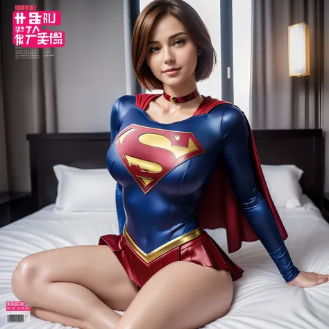 (Best Quality,4K,8K,hight resolution,masutepiece:1.2),Ultra-detailed,Realistic:1.37,Super masterpiece,Short-haired Supergirl sitting on bed showing off her legs、large full breasts、Looking at the camera、Glossy costume、a choker、bare-legged、MagazineCover、Chee...